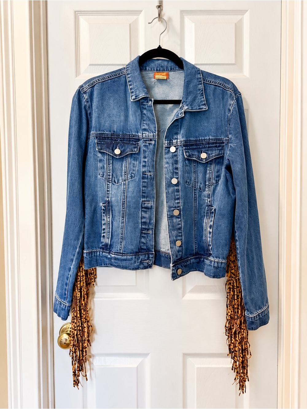Scully Blue Denim Jacket with Leopard Fringe